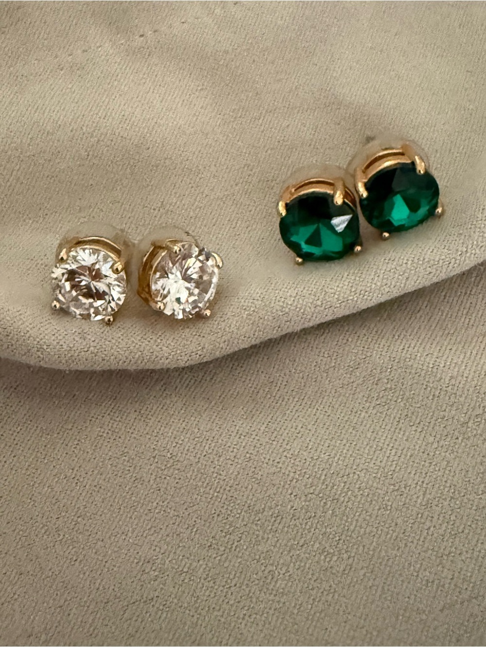 Gold Stud Earrings Set with Clear and Emerald Green Stones